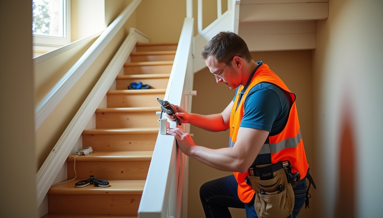 Technicien en train d’installer un monte-escalier dans une maison à Sailly-lez-Lannoy