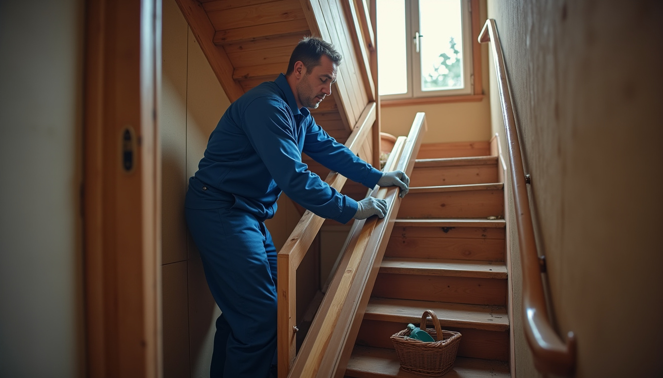 Technicien en train d’installer un monte-escalier dans une maison à Sains-du-Nord