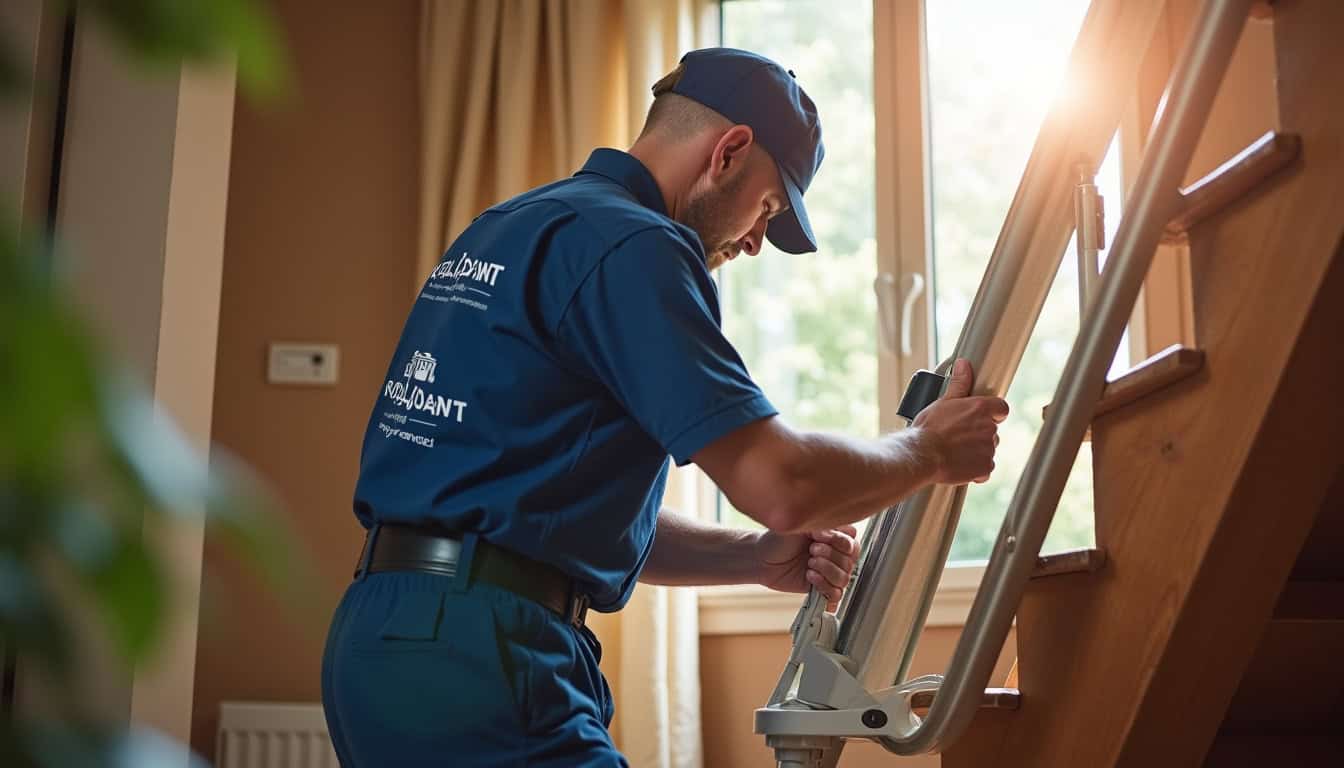 Technicien en train d'installer un monte-escalier dans une maison à Saint-Amé