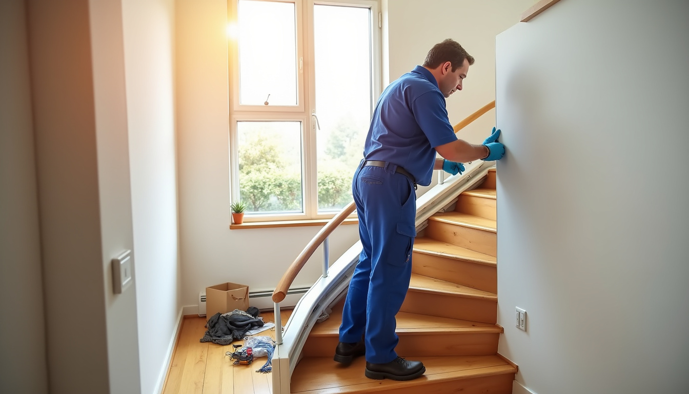 Technicien en train d’installer un monte-escalier dans une maison à Saint-André-de-Corcy