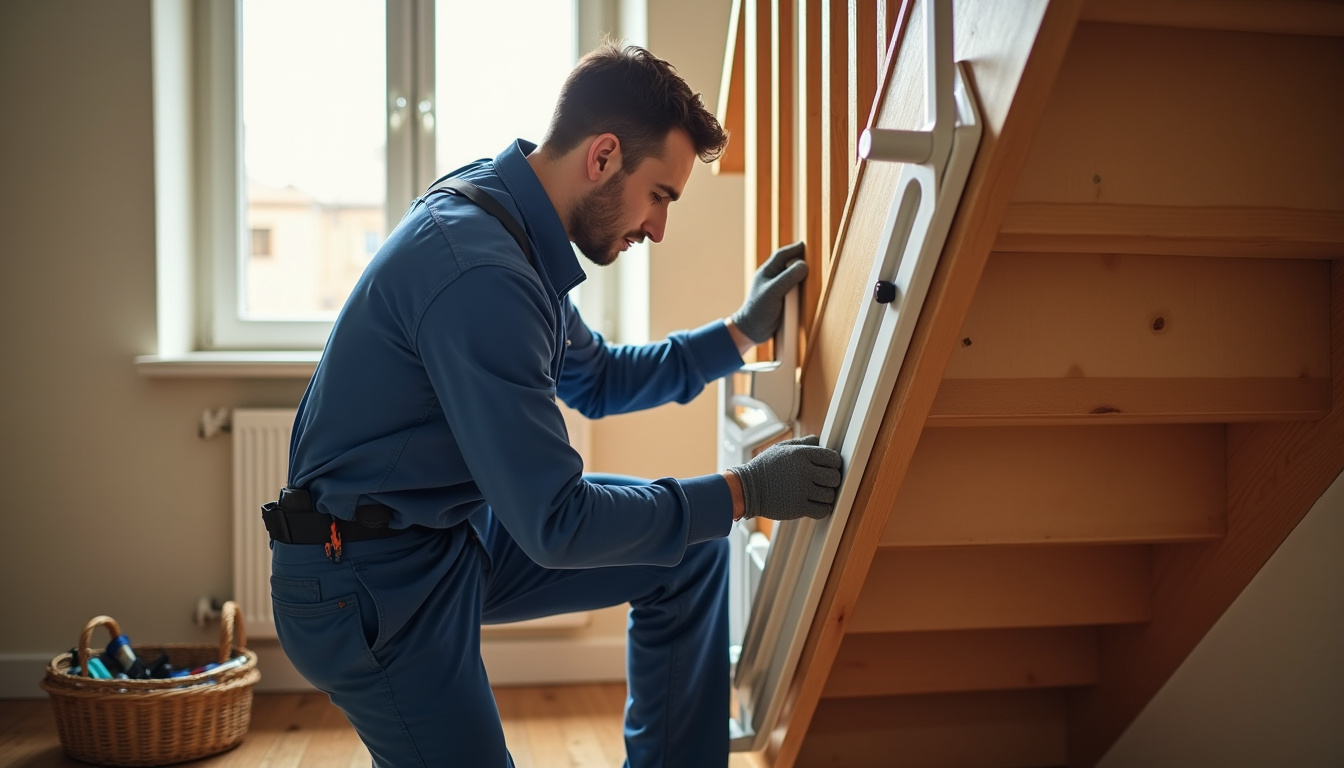 Technicien en train d’installer un monte-escalier dans une maison à Saint-Benoît-de-Carmaux