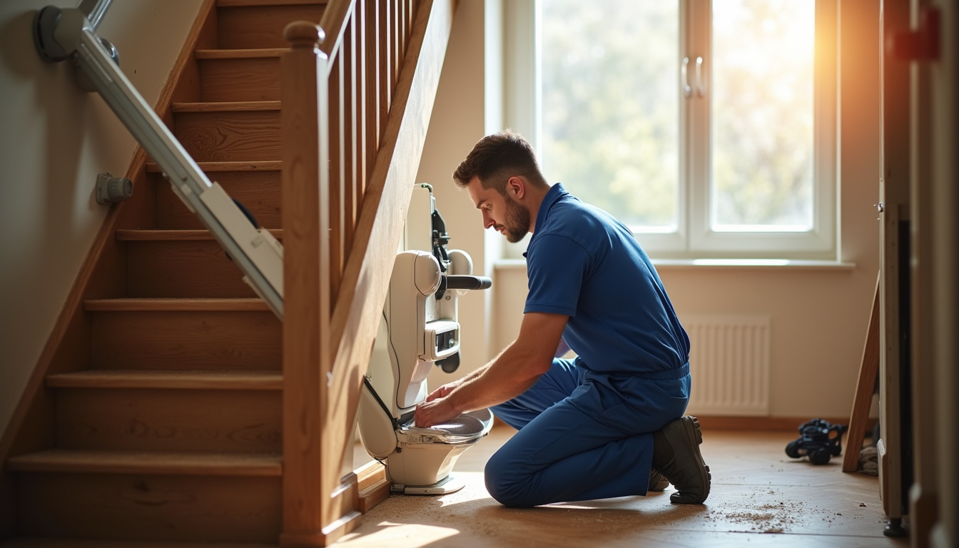 Technicien en train d’installer un monte-escalier dans une maison à Saint-Georges-de-Pointindoux