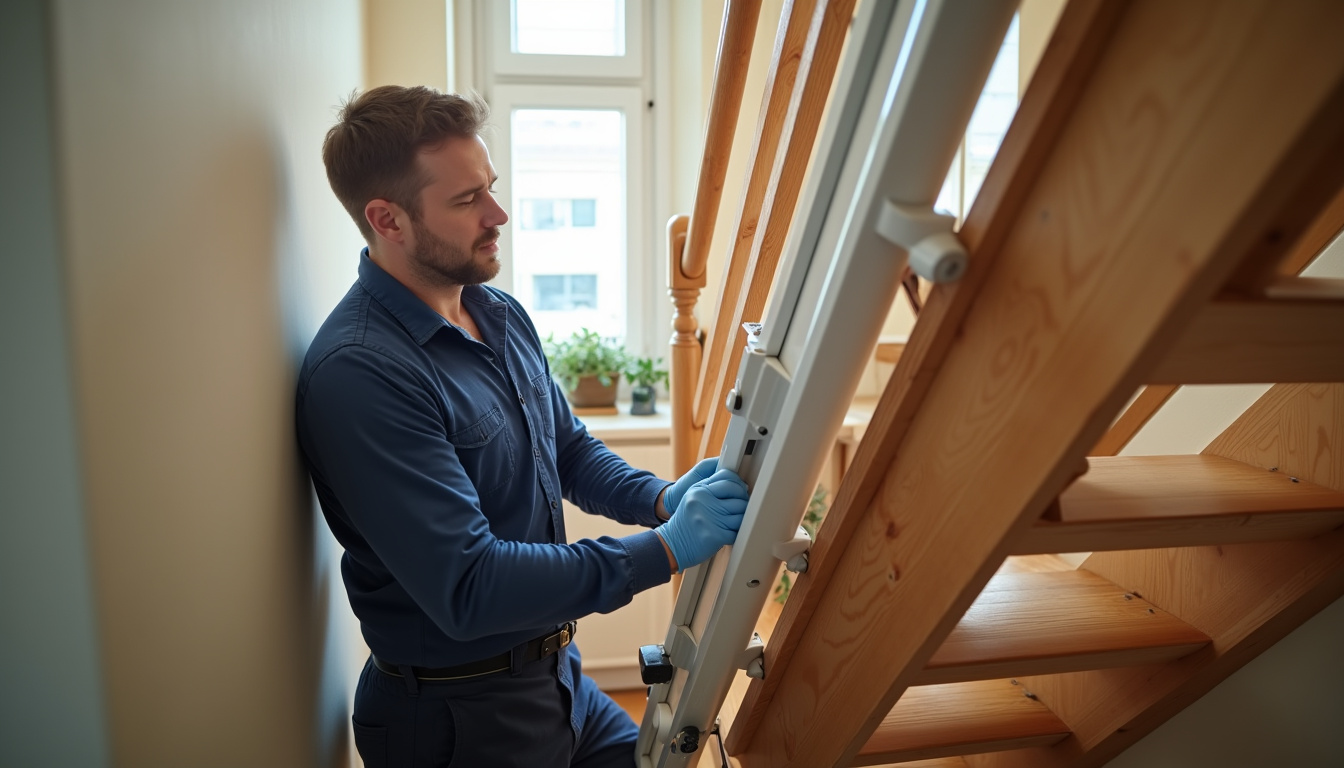 Technicien en train d’installer un monte-escalier dans une maison à Saint-Georges-sur-Baulche
