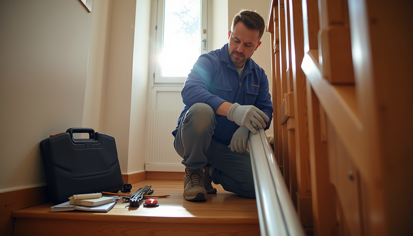 Technicien en train d’installer un monte-escalier dans une maison à Saint-Marcel-Bel-Accueil