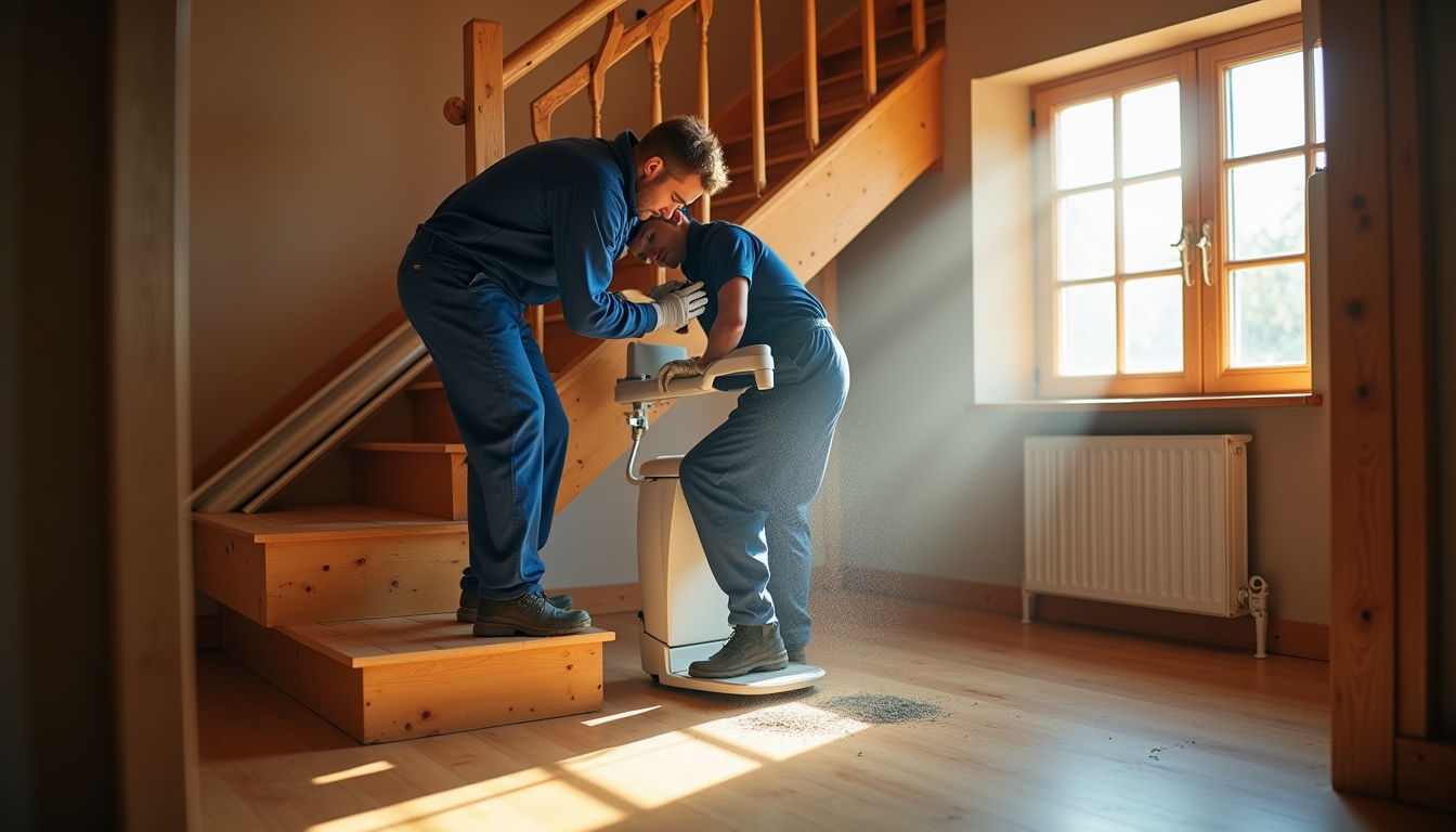 Technicien en train d’installer un monte-escalier dans une maison à Saint-Maurice-en-Gourgois