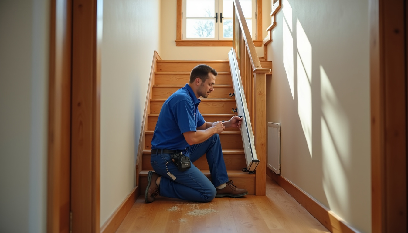 Technicien en train d’installer un monte-escalier dans une maison à Saint-Pierre-des-Corps