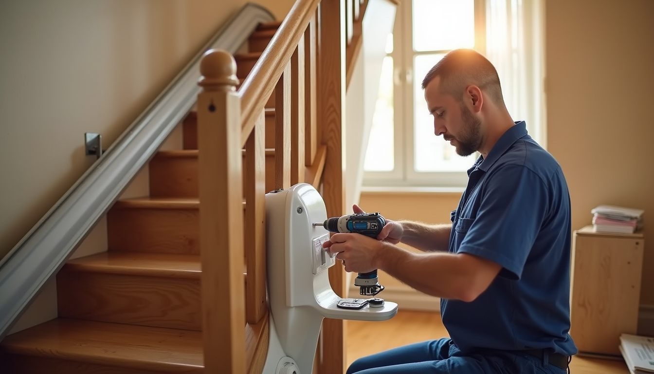 Technicien en train d’installer un monte-escalier dans une maison à Saint-Pierre-le-Moûtier