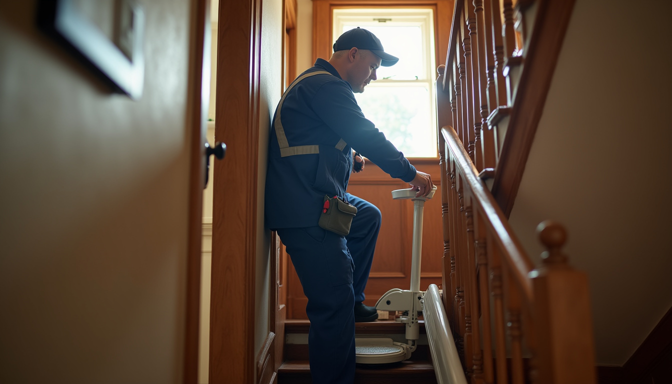 Technicien en train d’installer un monte-escalier dans une maison à Saint-Usage