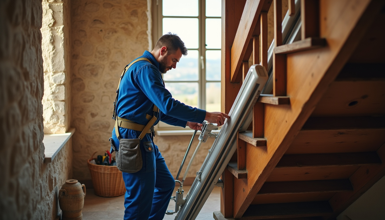 Technicien en train d’installer un monte-escalier dans une maison à Sauveterre-de-Béarn
