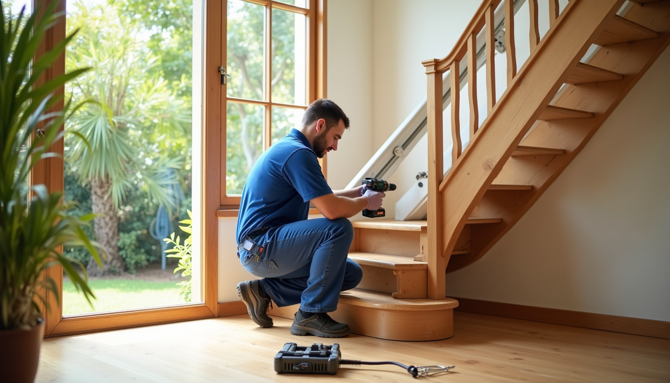 Technicien en train d’installer un monte-escalier dans une maison à Schœlcher