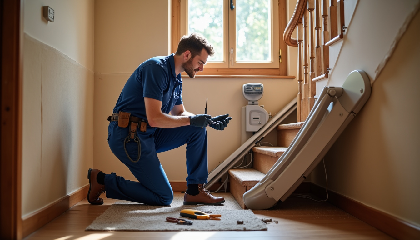 Technicien en train d’installer un monte-escalier dans une maison à Sévérac