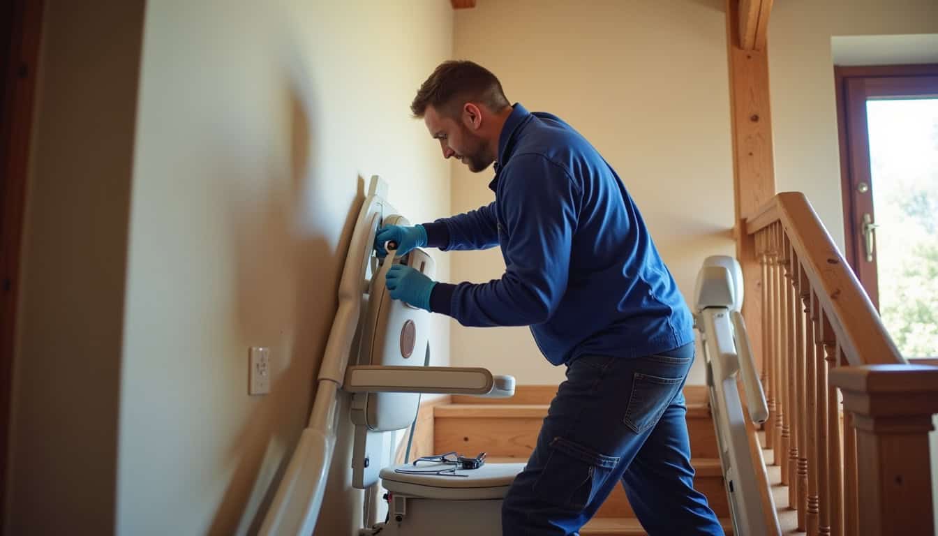 Technicien en train d’installer un monte-escalier dans une maison à Seyches, Lot-et-Garonne