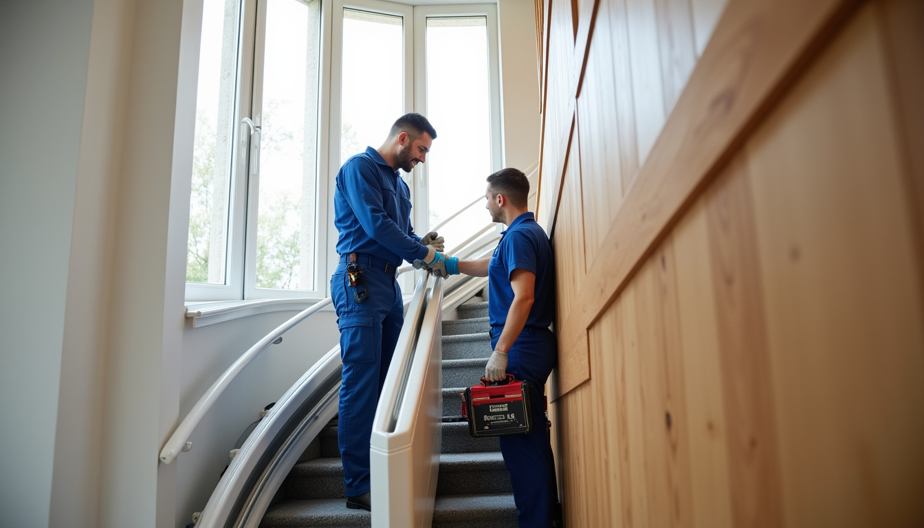 Technicien en train d’installer un monte-escalier dans une maison à Spicheren