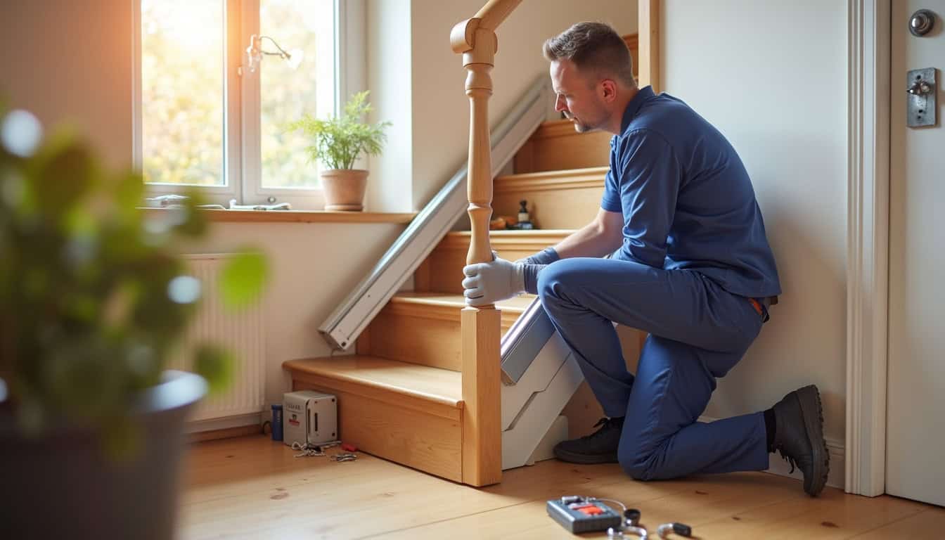 Technicien en train d'installer un monte-escalier dans une maison à Val-de-Scie