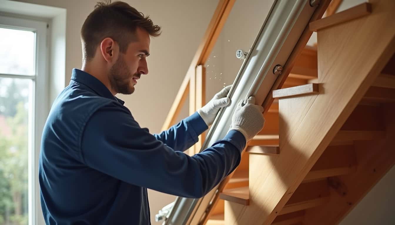 Technicien en train d’installer un monte-escalier dans une maison à Vendenheim, vue sur le rail en cours de fixation
