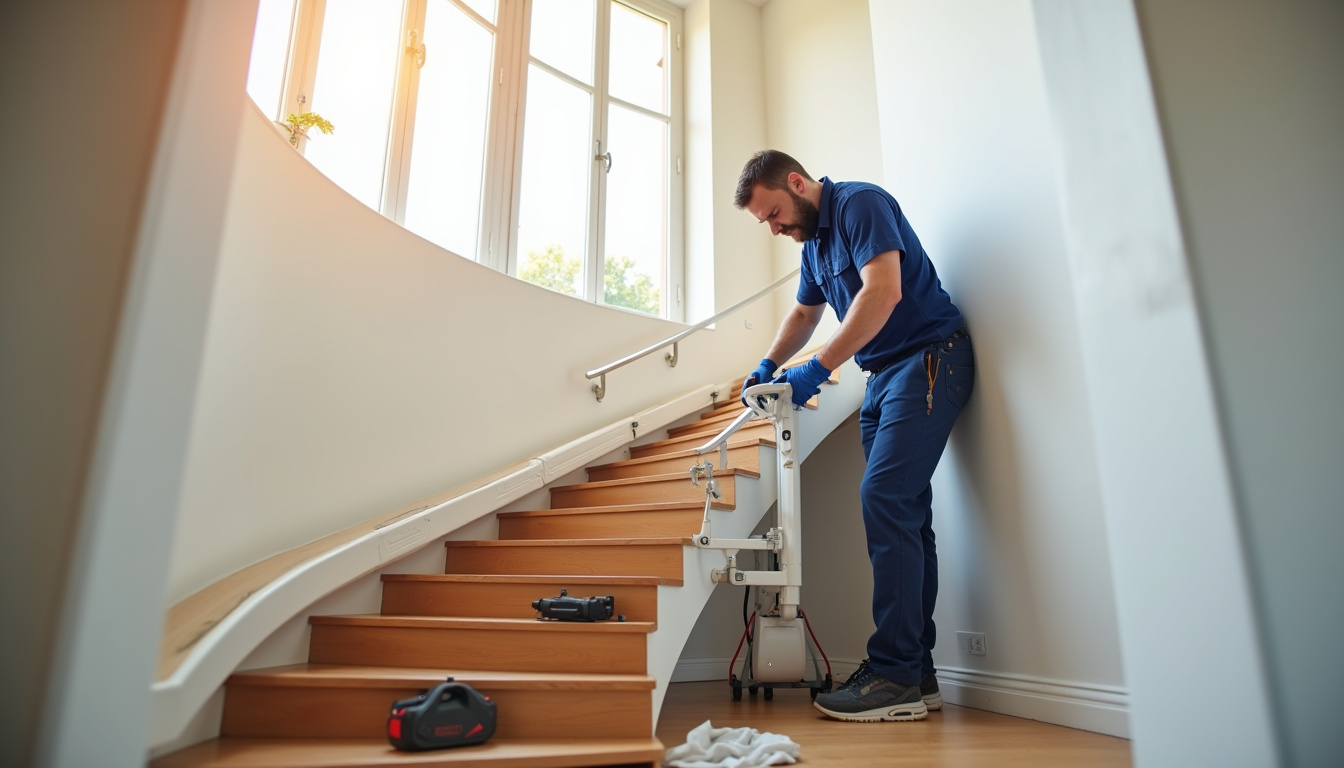 Technicien en train d’installer un monte-escalier dans une maison à Vendœuvres