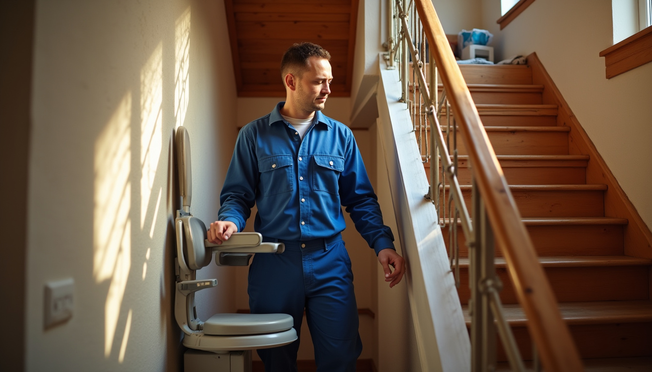Technicien en train d’installer un monte-escalier dans une maison à Villaines-les-Rochers