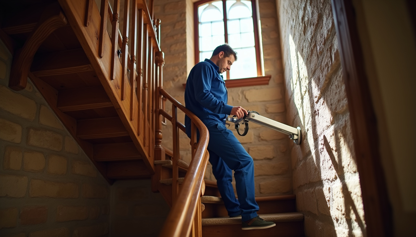 Technicien en train d’installer un monte-escalier dans une maison ancienne à Oncy-sur-École