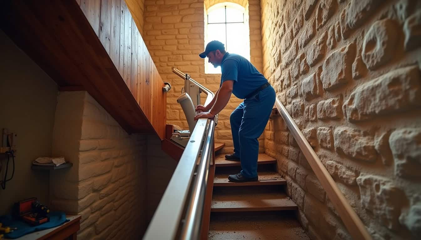 Technicien en train d’installer un monte-escalier dans une maison ancienne à San-Nicolao