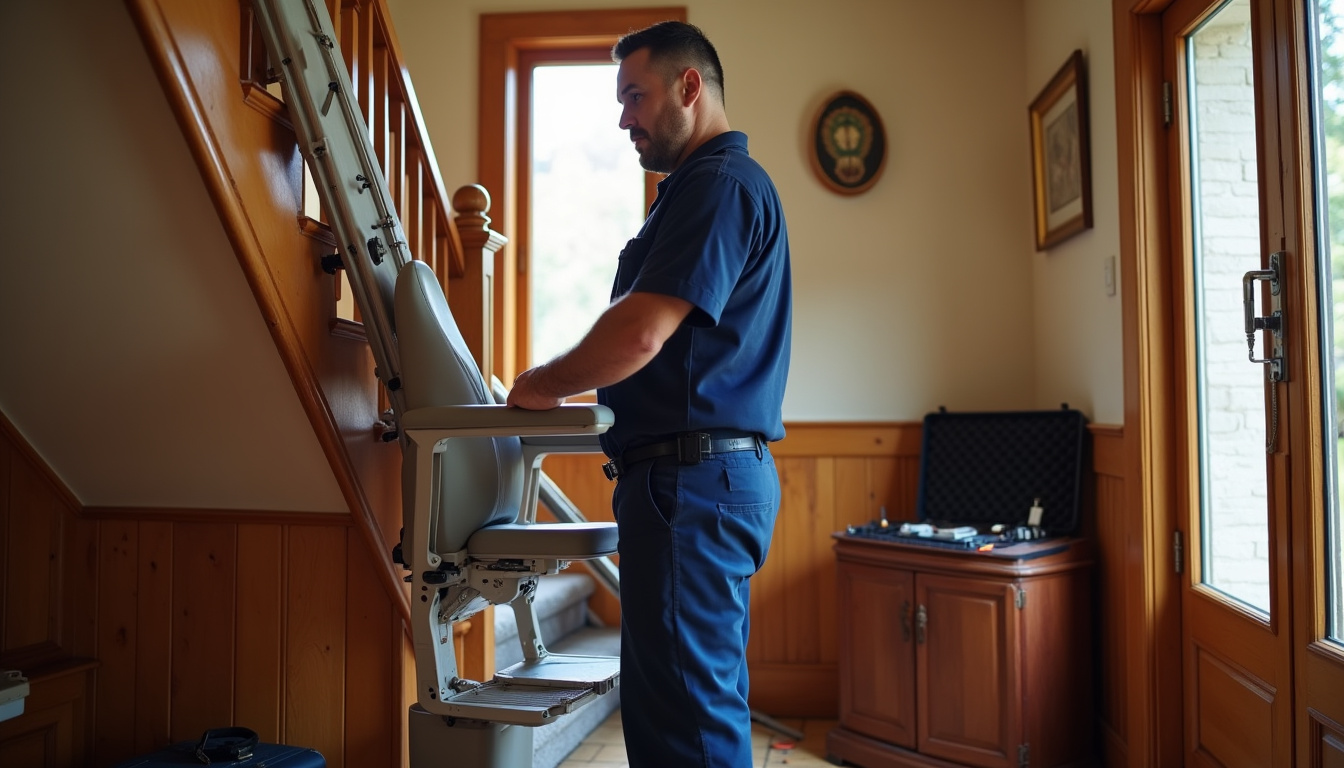 Technicien en train d’installer un monte-escalier dans une maison ancienne