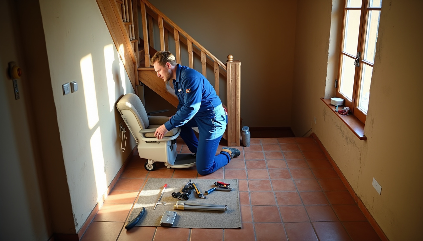 Technicien en train d’installer un monte-escalier dans une maison ardéchoise