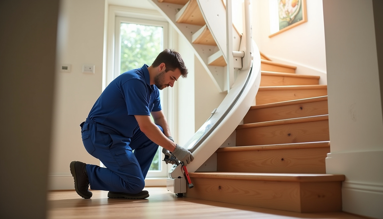 Technicien en train d’installer un monte-escalier dans une maison de Cazes-Mondenard