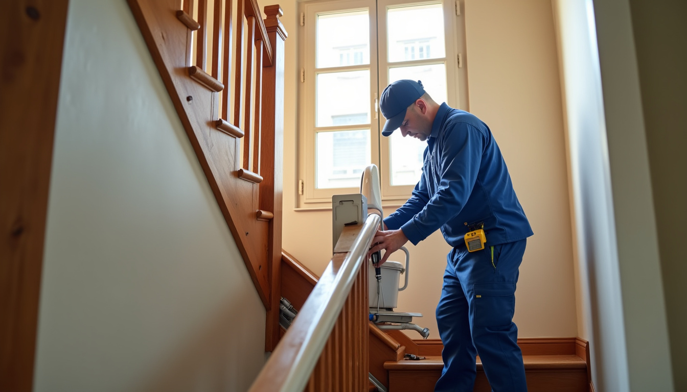 Technicien en train d’installer un monte-escalier dans une maison de Châtillon-en-Vendelais