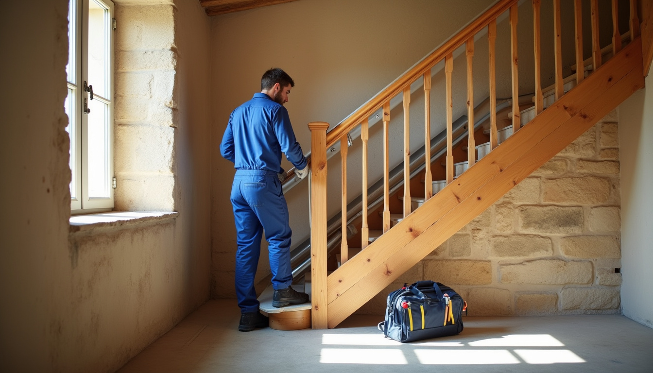 Technicien en train d’installer un monte-escalier dans une maison de l’Ardèche