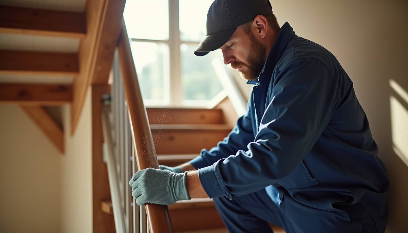 Technicien en train d’installer un monte-escalier dans une maison de l’Eure-et-Loir