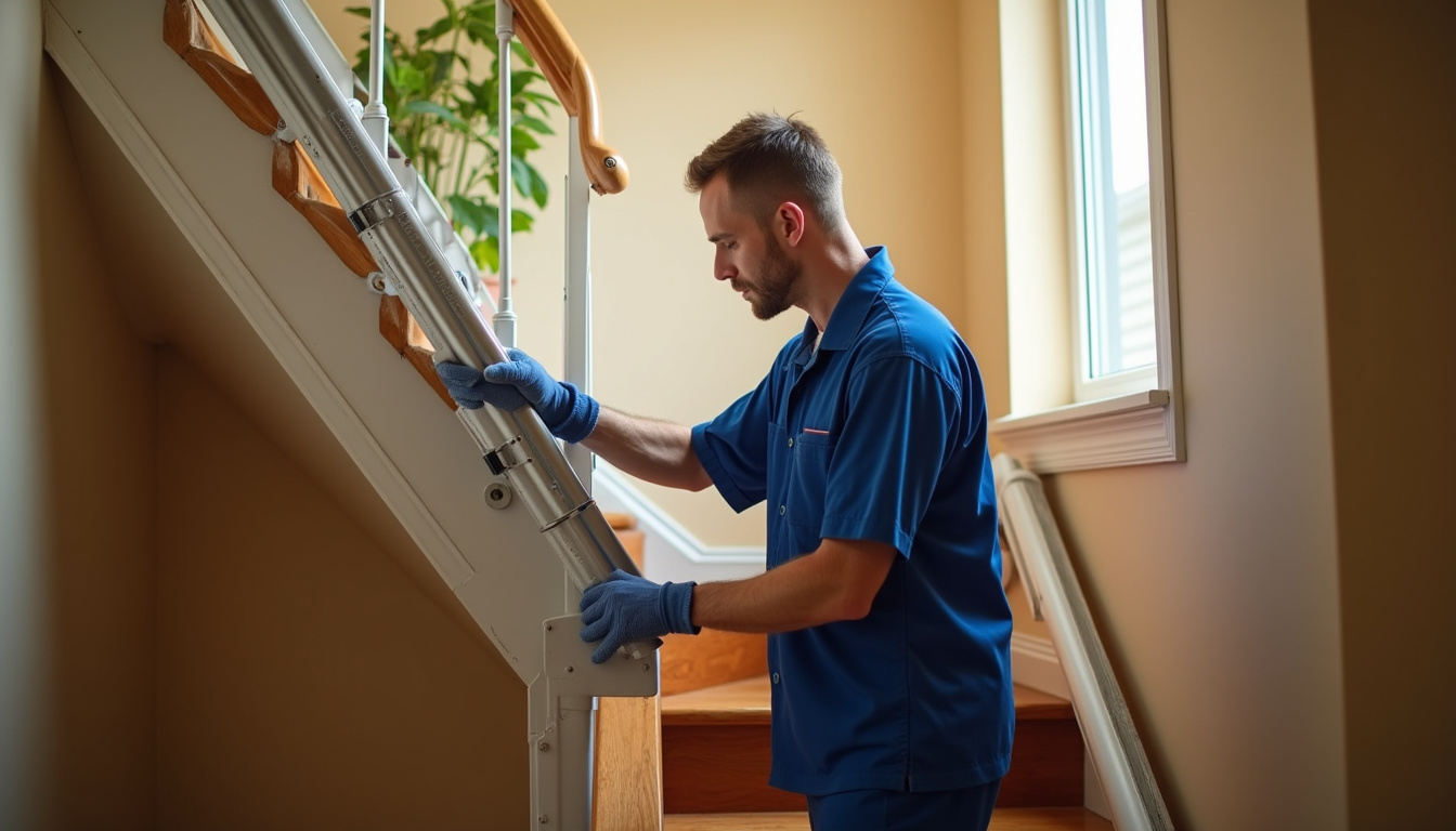 Technicien en train d’installer un monte-escalier dans une maison de Marnaz