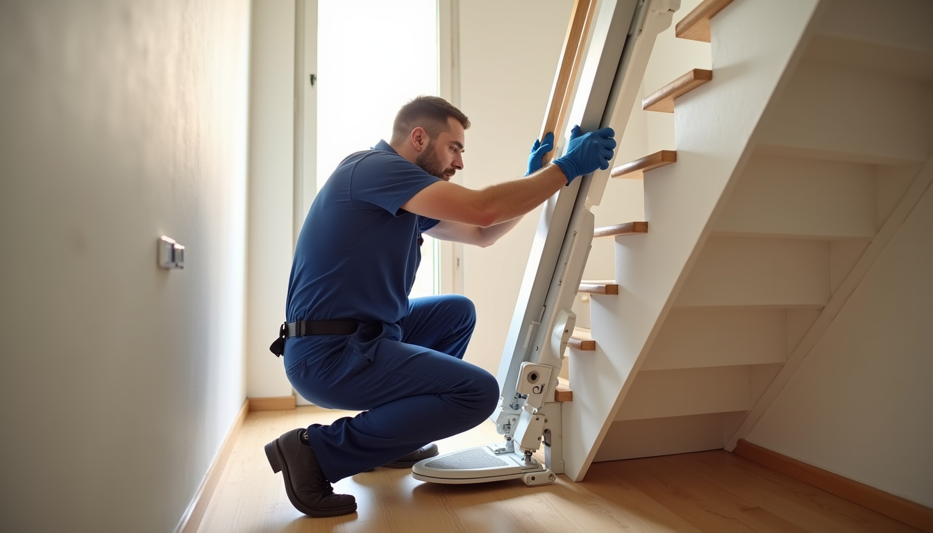 Technicien en train d’installer un monte-escalier dans une maison de Miramas