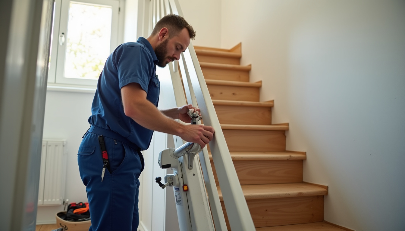 Technicien en train d’installer un monte-escalier dans une maison de Montauban