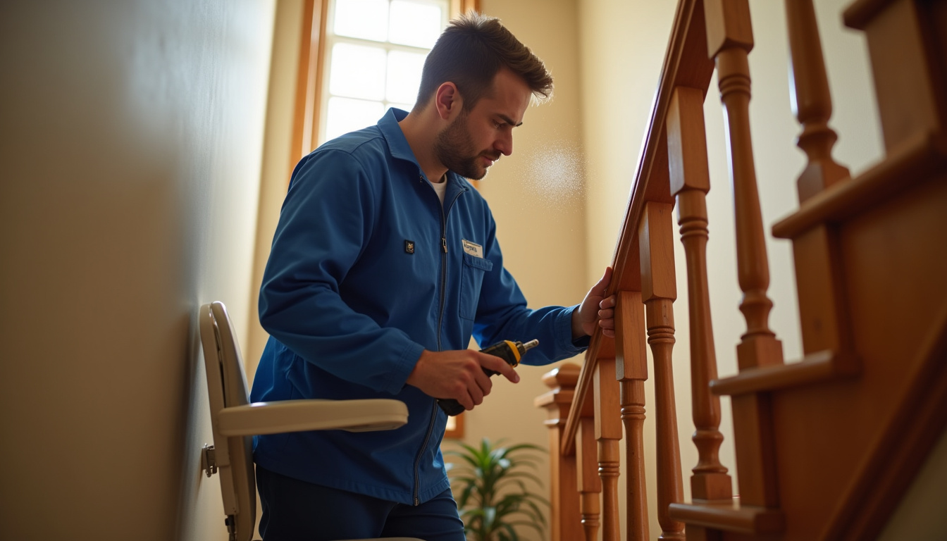 Technicien en train d’installer un monte-escalier dans une maison de Pennautier
