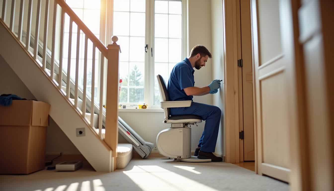 Technicien en train d’installer un monte-escalier dans une maison de Porcheville
