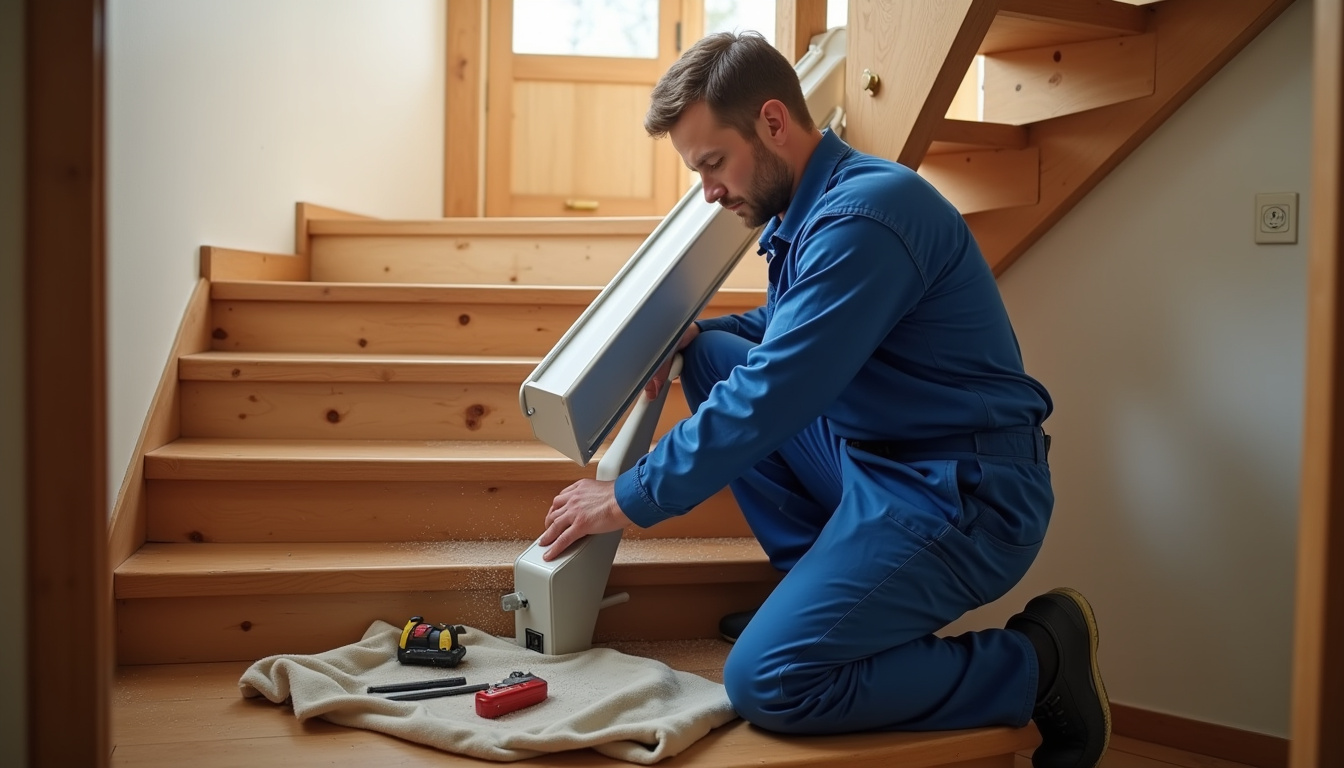 Technicien en train d’installer un monte-escalier dans une maison de Simandre