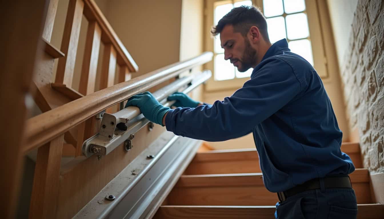 Technicien en train d’installer un monte-escalier dans une maison de Vieille-Toulouse