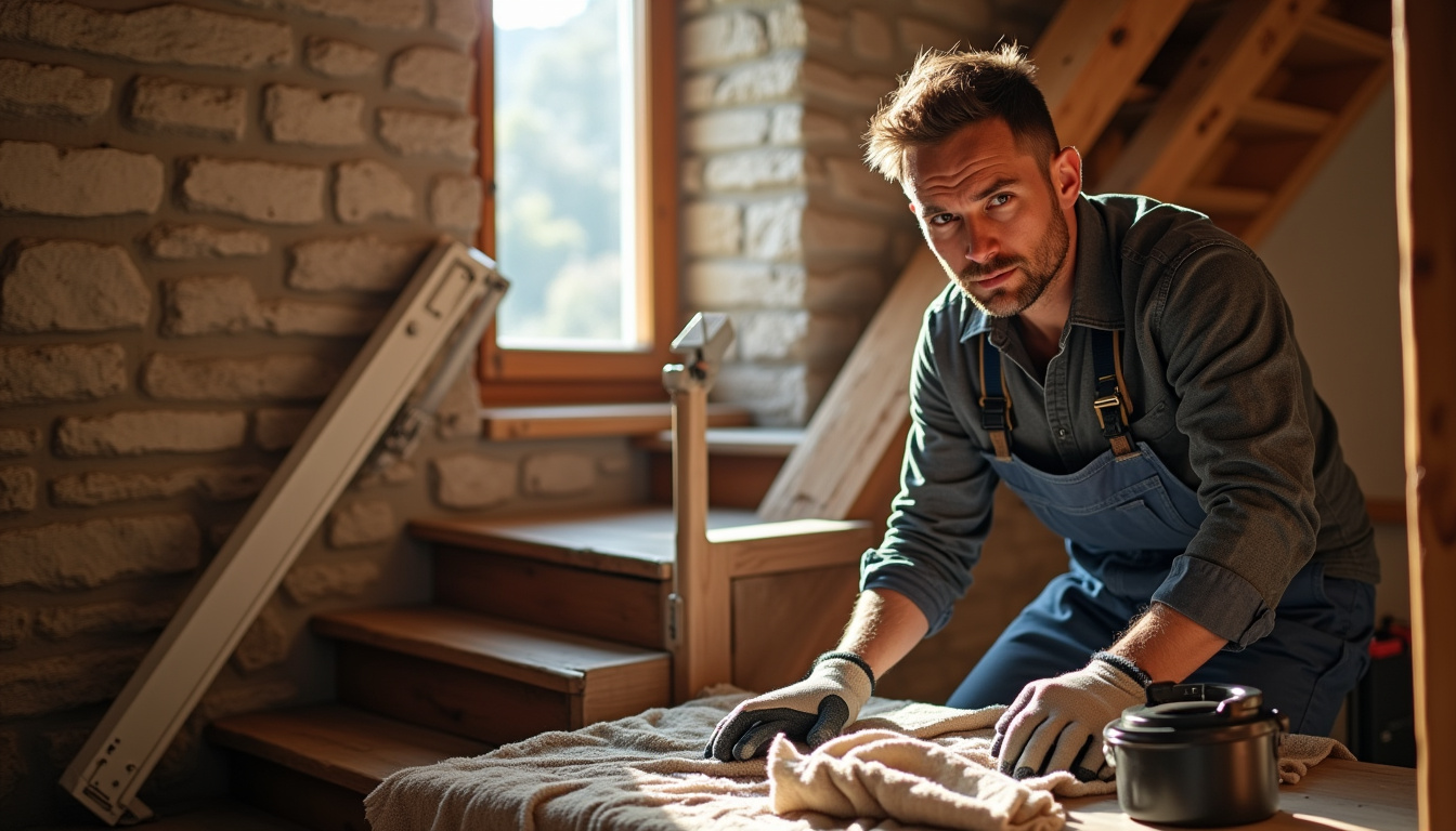 Technicien en train d’installer un monte-escalier dans une maison des Alpes-de-Haute-Provence
