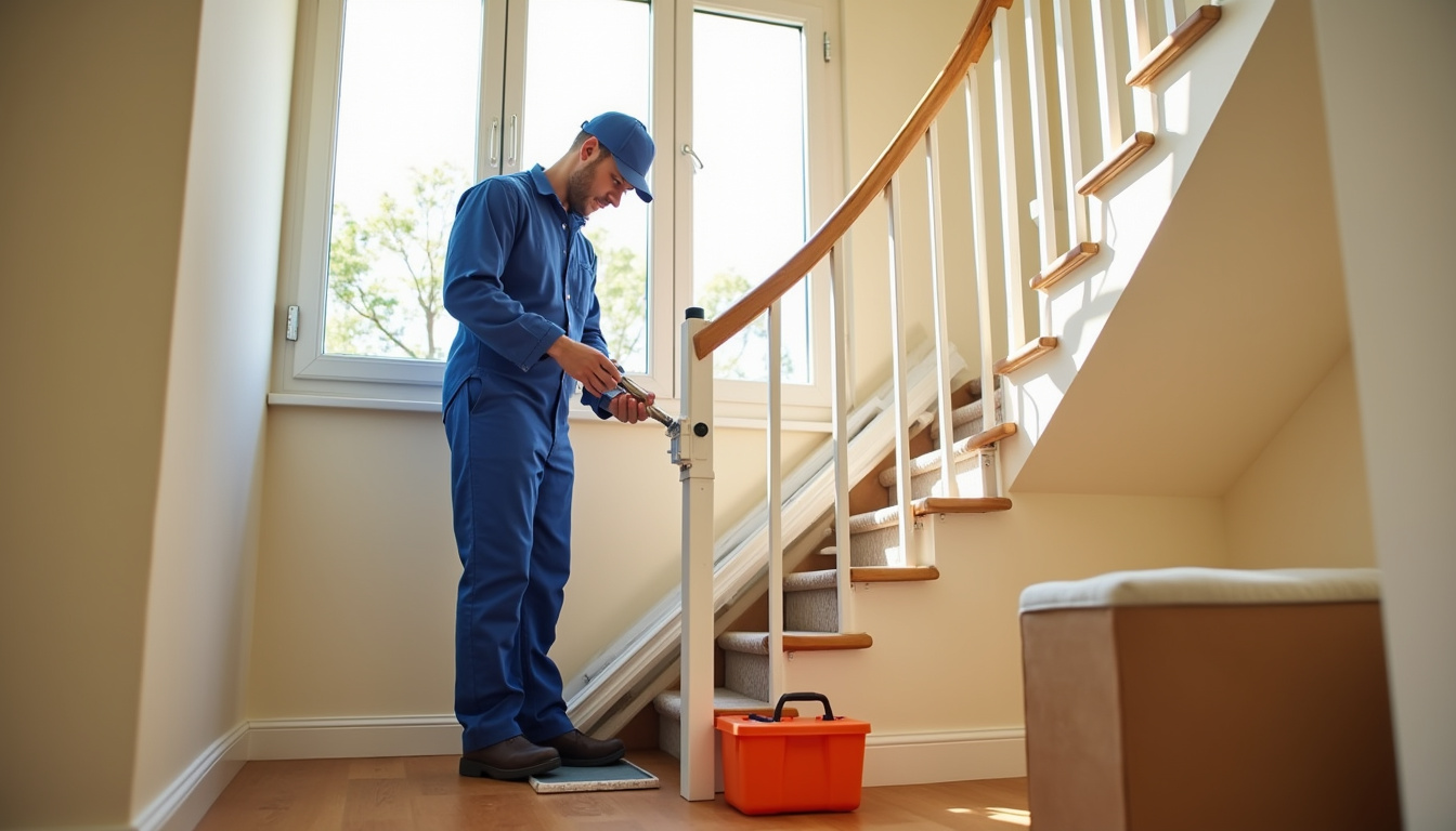 Technicien en train d’installer un monte-escalier dans une maison des Alpes-Maritimes