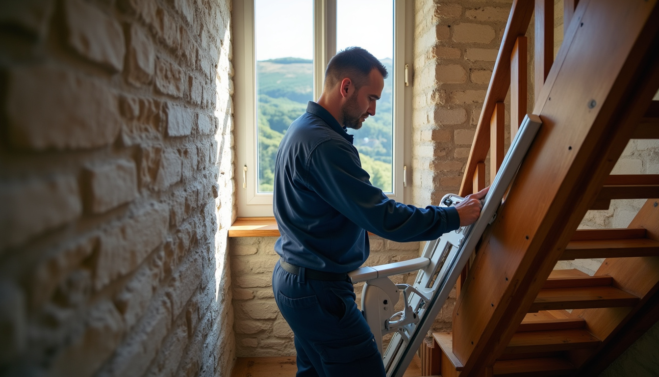 Technicien en train d’installer un monte-escalier dans une maison des Côtes-d’Armor