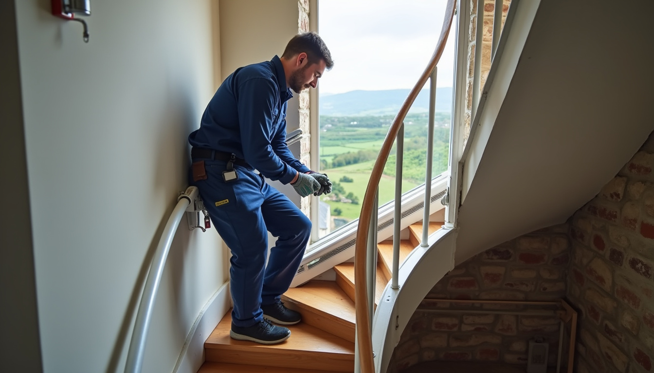 Technicien en train d’installer un monte-escalier dans une maison du Finistère