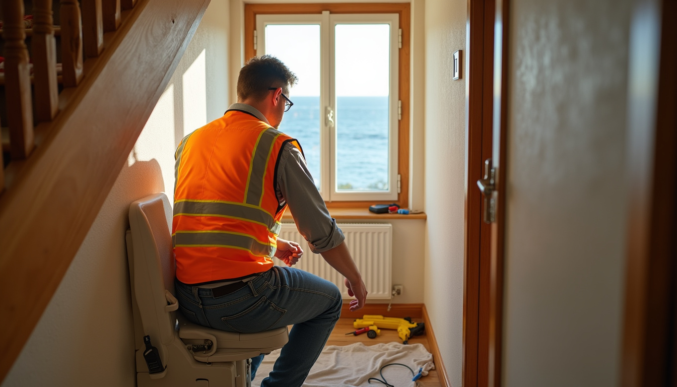 Technicien en train d’installer un monte-escalier dans une maison du Finistère