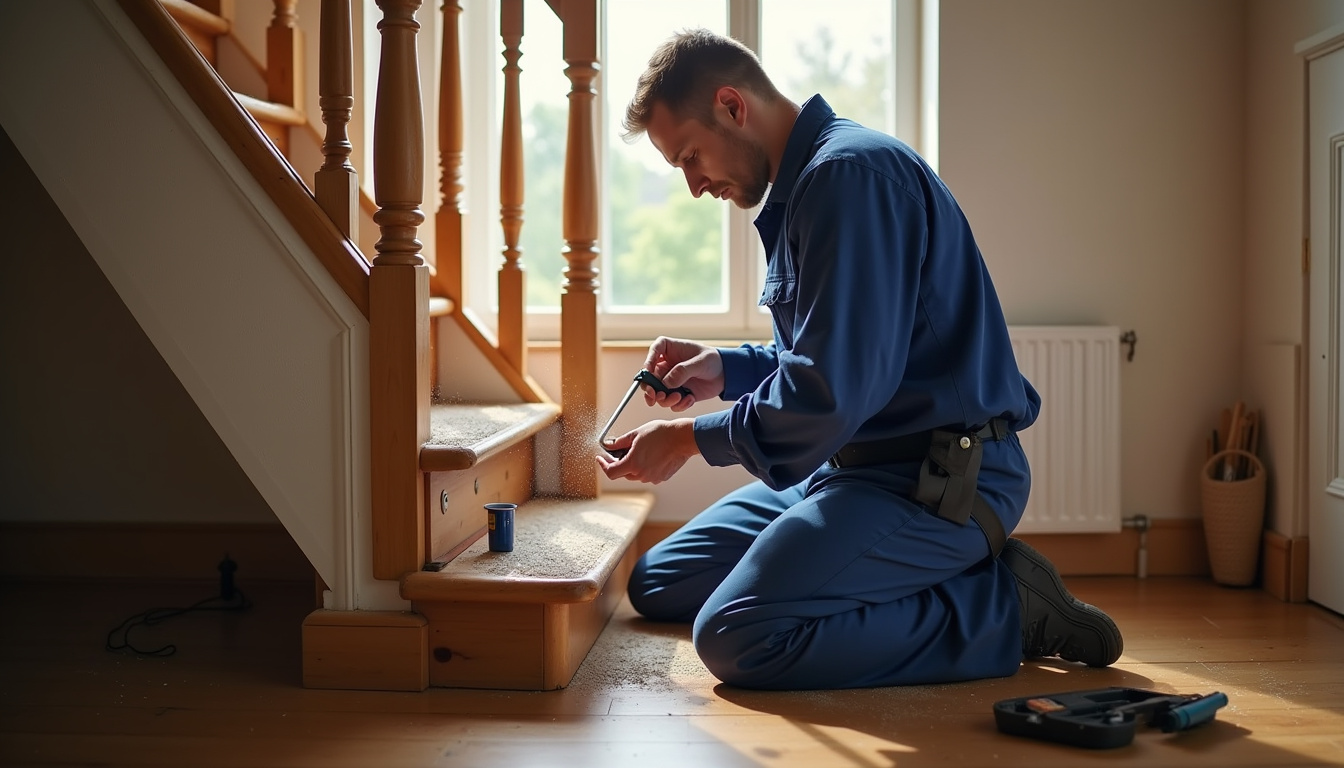 Technicien en train d’installer un monte-escalier dans une maison du Pas-de-Calais
