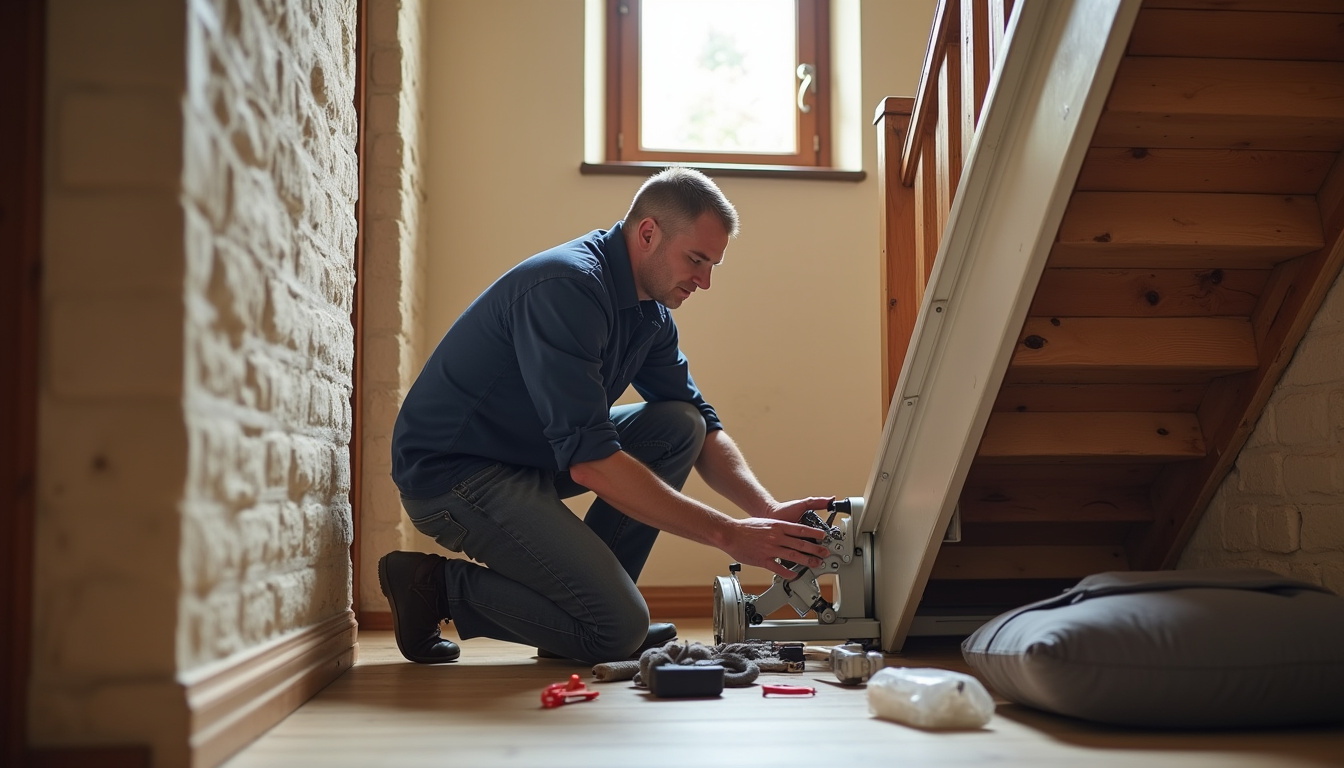 Technicien en train d’installer un monte-escalier dans une maison en Indre-et-Loire