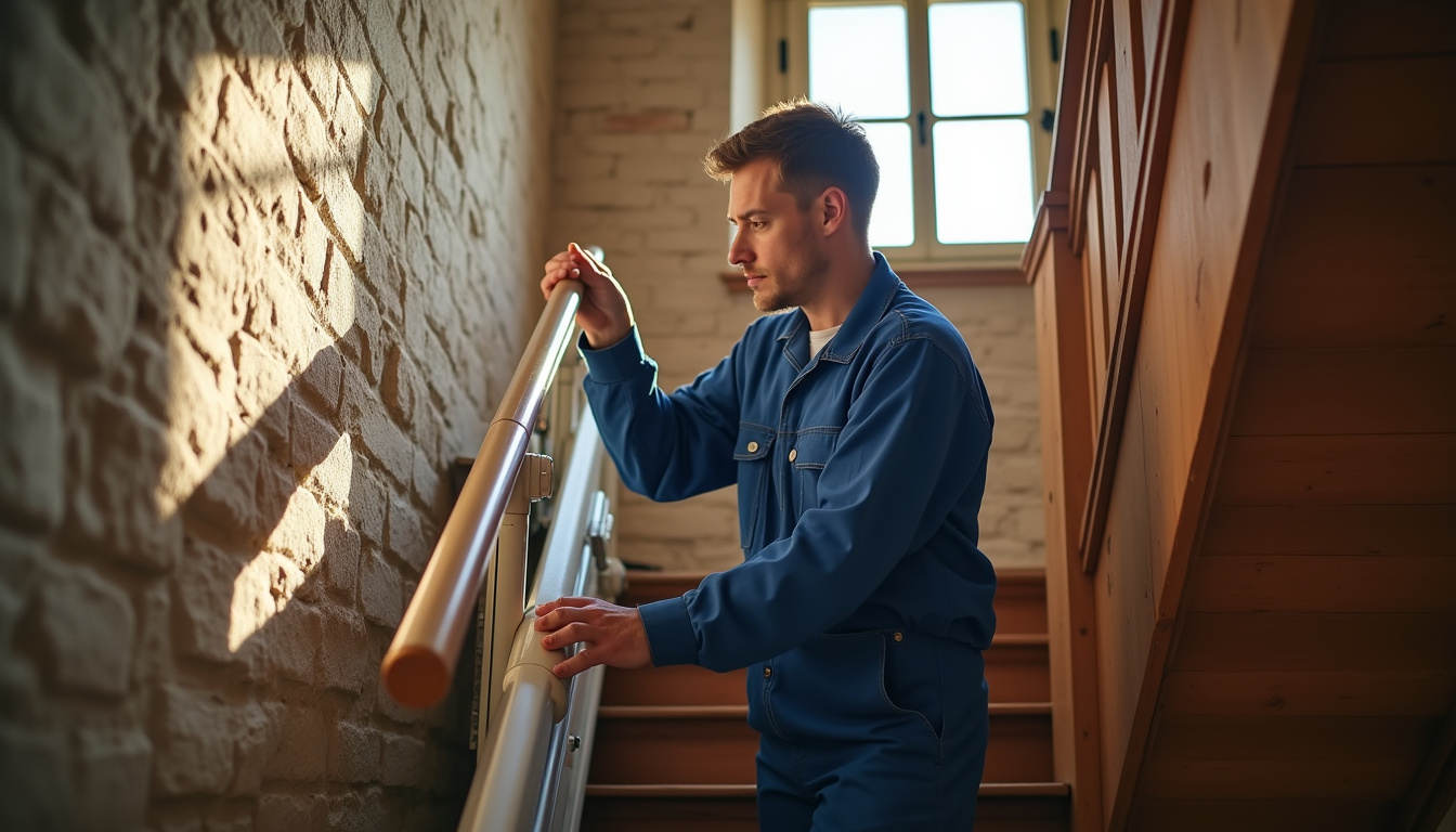 Technicien en train d’installer un monte-escalier dans une maison en Normandie