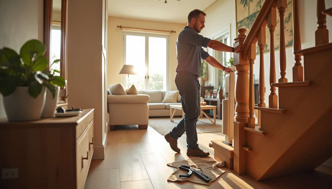 Technicien en train d’installer un monte-escalier dans une maison située près de Sainte-Baume