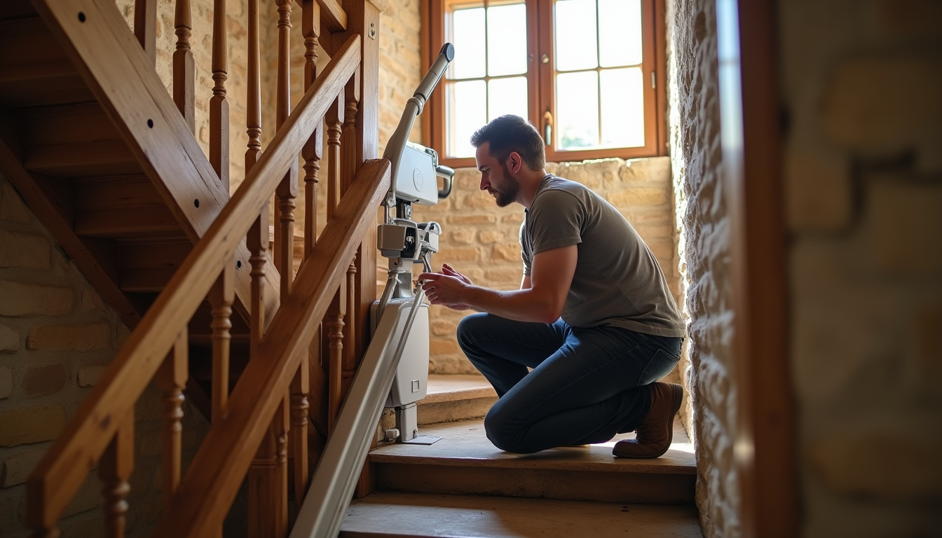 Technicien en train d’installer un monte-escalier dans une maison traditionnelle à Lauzerte