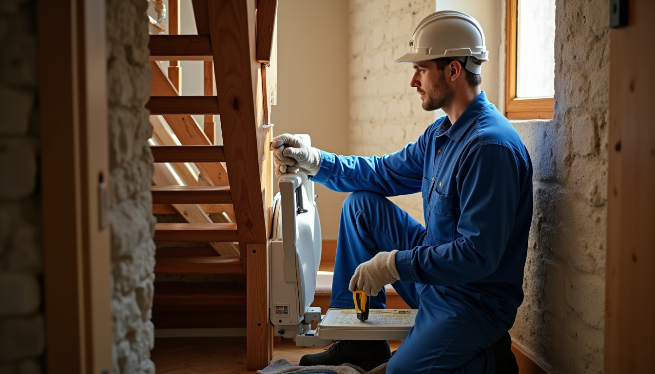 Technicien en train d’installer un monte-escalier dans une maison traditionnelle de Fouesnant