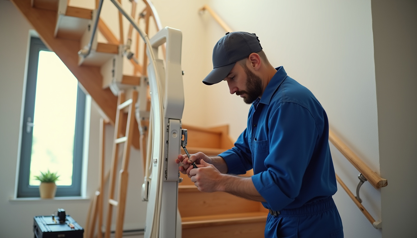 Technicien en train d’installer un monte-escalier dans une maison