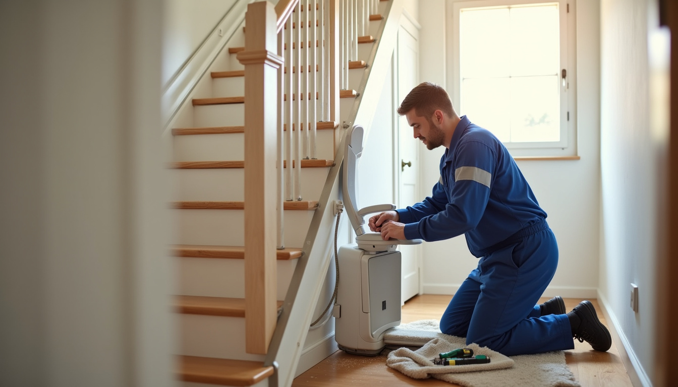 Technicien en train d’installer un monte-escalier droit dans une maison à Osny