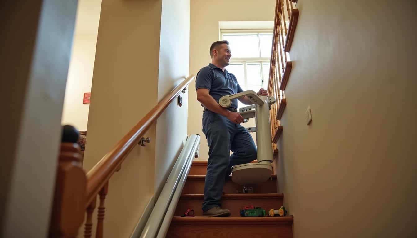 Technicien en train d’installer un monte-escalier droit dans une maison à Saint-Sulpice-et-Cameyrac